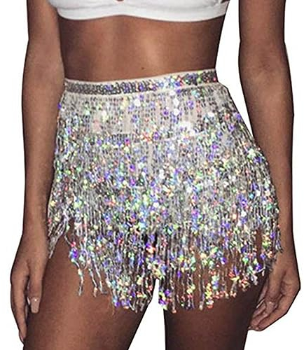 Ushiny Damen Pailletten Quasten Rock - Rave Bauchtanz Kostüm Mini Rock für Damen