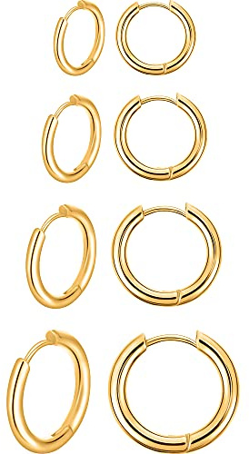 Boao 4 Paires Boucles d'Oreilles Créoles en Acier Inoxydable Boucles d'Oreilles Cercles Cartilage Anneaux de Nez Lèvres (12 mm, 14 mm, 16 mm, 18 mm, Or)