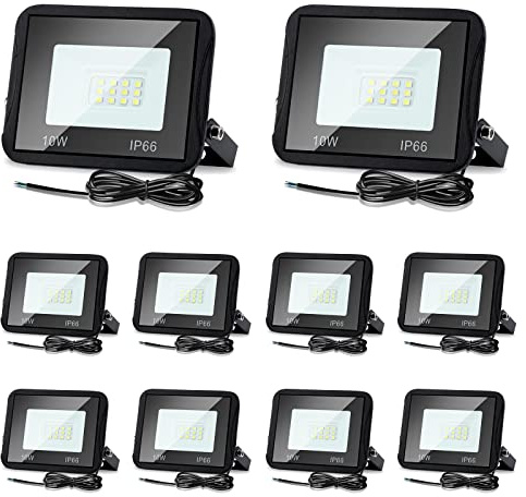 Lospitch 10X 10W LED Strahler Außen, 6000K Kaltesweiß Fluter, IP66 Wasserdicht Scheinwerfer, 900LM Flutlicht Außenstrahler für Werkstatt, Garage, Garten, Innenhöfe