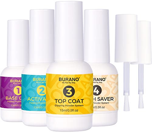 BURANO Dip Powder Liquid Set, 0.5oz Grande Capacité Dip Powder Base & Top Coat avec activateur Brush Saver pour Tremper Poudre Nail Kit