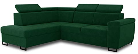 Sofnet Ecksofa Natan mit Schlaffunktion und einstellbare Kopfstützen - Wohnlandschaft mit Metallfüßen, Couchgarnitur, Bettkasten, Sofagarnitur, Sofa (Ecksofa Links, Grün (Kronos 19))