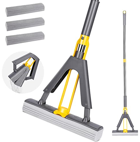 MASTERTOP Bodenwischer,Schwamm Wischmop Set mit 3 PVA Schwamm Kopfe,Saugfähig Schwamm Mop,Wischmopp mit Auswringfunktion für Reinigung Fliesen,Laminat,Hartholz, Marmorboden