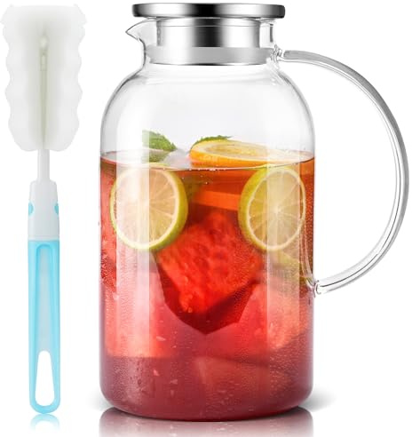 SUSTEAS 2.2 Liter 75oz Glass Pitcher with Lid, Easy Clean Heat Resistant Glass Water Carafe with Handle for Hot/Cold Beverages - Water, Cold Brew, Iced Tea & Juice, 1 Long-Handled Brush Included