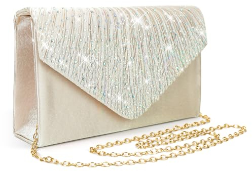 Pardofelis Abendtasche Damen Clutches, Beige Glitzer Satin Abendkleid Clutch Bag mit Abnehmbarer Kette Cross Body Bag, Elegante Kristall Diamant Abendtasche für Hochzeit Prom Party