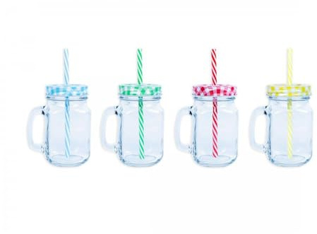4 Mason Drinking Glass Jars Embossed Design - Red, Blue, Green, Yellow - Summer Party Cocktail BBQ Lid Reusable Straws