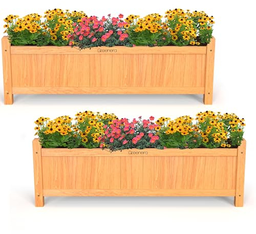 Vivo Technologies Set of 2 Extra Large Rectangular Wooden Planters Outdoor Garden Planter Box Planting Raise Bed Plants Flowers Plant Pot Natural Long Wood Pot,90x20x34 cm,Natural