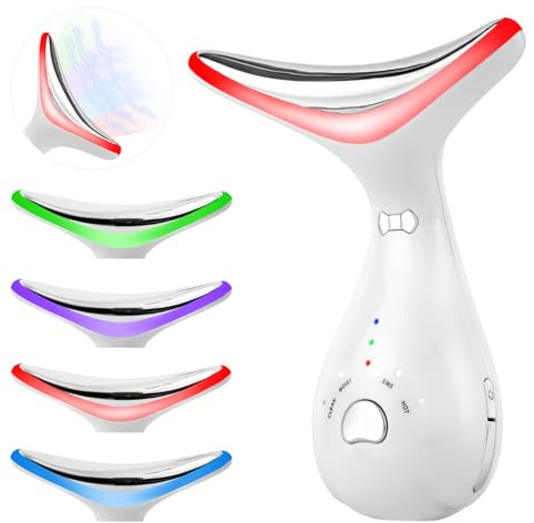 Elektrische Gesichtsmassagegerät Anti Falten, Seutgjie Hals EMS Gesichtsstraffungsgerät 4 Modi mit 3 Intensität Lila Grün Blau Rotlichtlampe für Hautstraffung & Lifting Doppelkinn Entferner