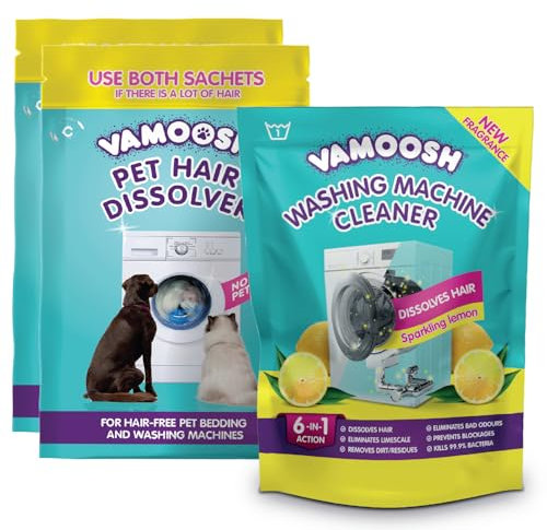 Vamoosh Pet Hair Dissolver (2x 100g Sachet) & Vamoosh 6-in-1 Washing Machine Cleaner (1x 150g Sachet) Bundle, Removes Hair, Cleans Pet Bed & Machine, 3 Washes