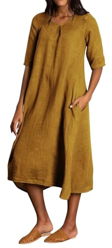 Boho Kleid Damen Sommer Einfarbig Baumwolle Leinen V-Ausschnitt Halben Ärmel Bluse Hippie(Gelb, XXL)