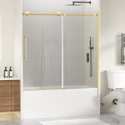 Findepot Frameless Bathtub Shower Doors 56-60 Width x 59 Height with 5/16 (8mm) Clear Tempered Glass,Silent Soft-Close Design,Brushed Gold