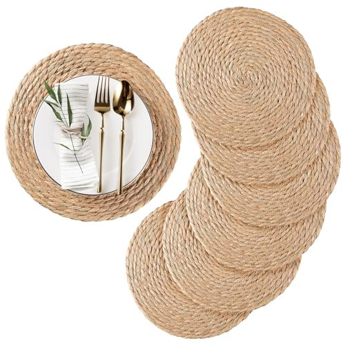 Set di 6 tovagliette rotonde in giacinto d'acqua naturale, 35,1 cm, in rattan, tovagliette in vimini, stile bohémien, intrecciate, resistenti al calore, per esterni, patio, tavolo