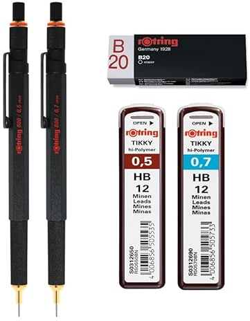 rOtring Druckbleistift 800, 0,5 mm und 0,7 mm, Schwarz, Set Tikky Minen, HB – 0,5 mm und 0,7 mm, Radiergummi B20
