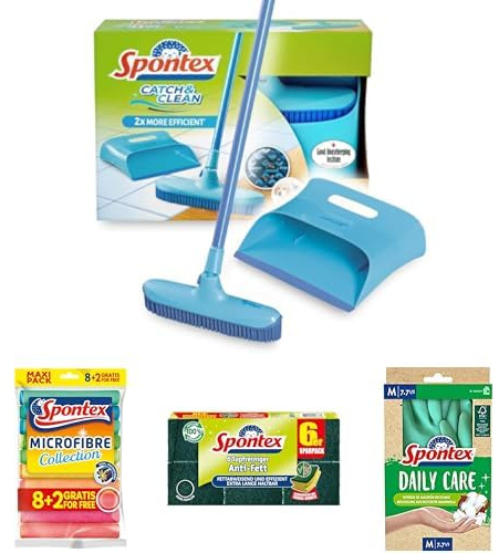 Spontex-Set aus Catch & Clean Gummibesen und Kehrblech + Microfibre Allzwecktücher 8+2 + Topfreiniger Anti-Fett x6 + Daily Care Haushaltshandschuhe in Größe M