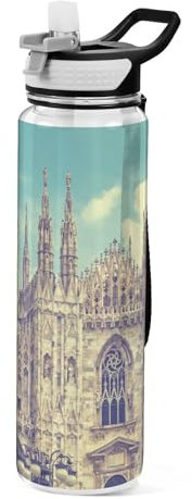 Mnsruu Transparente Sport-Wasserflasche mit Strohhalm, auslaufsichere Trinkflasche, Fassadenansicht auf Mailänder Dom, Italien, Vintage-Fahrradflaschen für Sport, Büro, Schule, BPA-freier