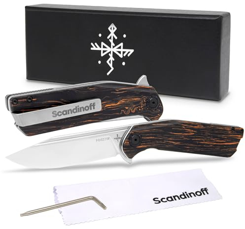Scandinoff Klappmesser - Einhandmesser - 95mm Klinge - Taschenmesser - Klingenform „Modern SEAX“ - Sandvik 14C28N Stahl - EDC Messer für Outdoor, Wandern, Camping und mehr | Nordic Wood 2025