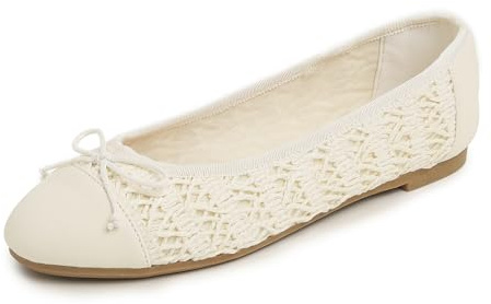 Feversole Dam, klassisk ballerinaskor, lack, balerinaskor, platta damskor, tåhätta, cream raffia tåhätta, 40 EU