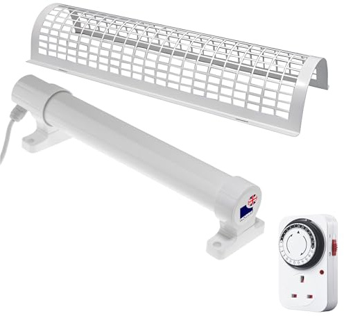 Morris 2ft Tube Heater Set with 24-Hour Mechanical Timer Plug & Safety Guard - 120W Efficient Tubular Heater for Wardrobes, Airing Cupboards & Damp Prevention - IP55 Rated, Easy Fit Brackets