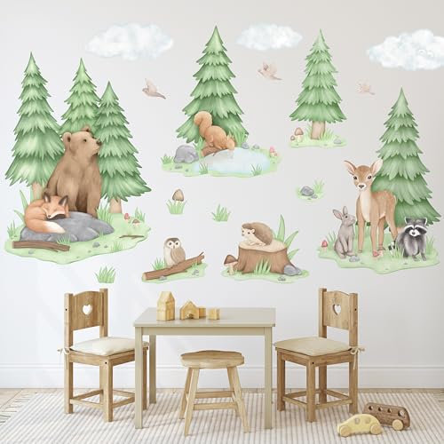 Wally Fox - Wandsticker Kinderzimmer - Wandtattoo Babyzimmer - Ungiftig, sicher, leistungsstark - Set - Waldtiere, Bär, Reh, Eule, Fuchs XL - Grün, Braun - 2x62,50x120cm