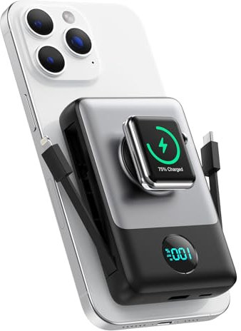 Magnetico Power Bank con Cavi Integrati per MagSafe, 10800mAh Wireless Caricatore Portatile QC4.0+25W PD Ricarica Rapida USB C Batteria Esterna con LED Display per Apple Watch/iPhone 17/16/15/14/13/12