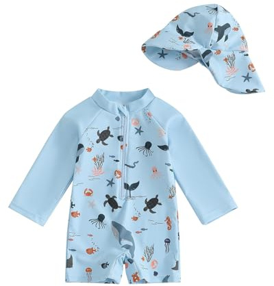 WYTbaby - Traje de baño de una pieza para bebé, ropa de UV de manga larga, protección UV para bebé niño con sombrero de sol, azul, 12-18 meses
