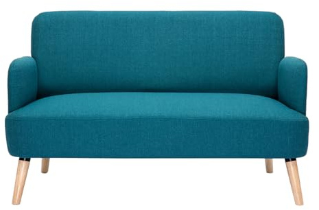 Miliboo Skandinavisches 2-Sitzer-Sofa aus Stoff, Entenblau und helles Holz, ISKO