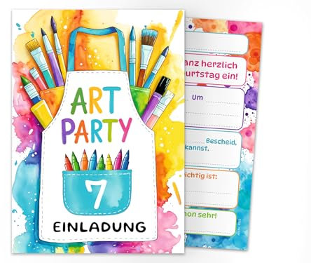 Junaversum 8 Einladungskarten zum 7. Kindergeburtstag Mädchen Jungen Art Kreativ-Party Malparty Kunst Basteln DIY Künstlerparty Kinder Einladungen siebte Geburtstag Geburtstagseinladungen Kids