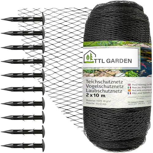TTL GARDEN 2 x 10m Teichnetz 30g/m² schwarz engmaschig 12x12mm Masche - | starkes Vogelschutznetz mit 10 Bodenanker HDPE Poolnetz Obstbaumnetz Gartennetz Vogelabwehr Netz reißfest dehnbar robust