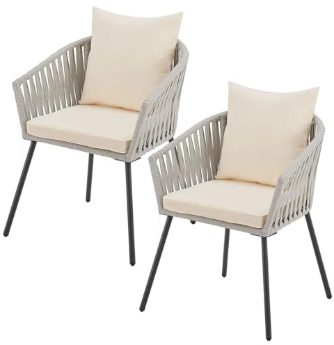 Juskys Chaises de Jardin Rope Lot de 2 - Résistantes aux intempéries - Jusqu’à 160 kg - avec Coussins de Dossier & d’Assise en Polyester - Gris Clair