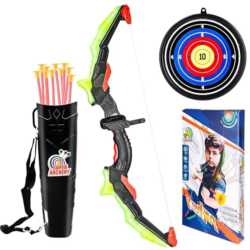 Pfeil- und Bogenset für Kinder, Pfeil und Bogen Spielzeug Set mit LED-Leuchten für Kinder von 6-12 Jahren, 10 Saugnapfpfeilen, Zielscheibe und Köcher, Outdoor Spielzeug für Kinder Jungen und Mädchen