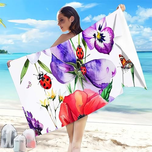Telo Mare Microfibra Spiaggia 90x180 cm Telo Mare Grande Viola Antisabbia Asciugatura Rapida, Ultra Assorbente Salvietta da Compatta Salvaspazio Asciugamano Microfibra, per Piscina Spiaggia Fiore C-2