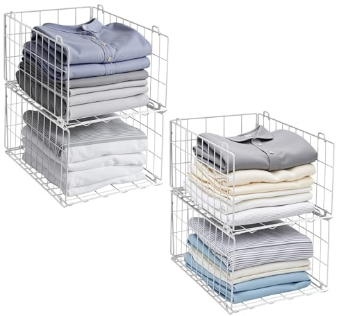 QIWODE Stackable Wardrobe Storage Organiser, Set of 4 Metal Wire Clothes Storage Baskets, Closet Organiser & Shelf Baskets for Bedroom, Pantry, Each 40 x 28.5 x 22.5 cm