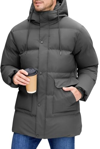Xnova Abrigo Largo de Invierno para Hombre, Chaqueta Acolchada con Capucha Térmica Resistente Cálido Casual Parka Cazadora Prueba de Viento con Bolsillos (Gris, XXL)
