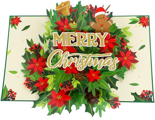 DISJOURNEY Weihnachtskarten 3D - Pop Up Karte Weihnachten - Weihnachtskarte mit Umschlag - Merry Christmas Cards Basteln mit Weihnachtsstern Lebkuchenmann für Familien Freunden - 40x25cm