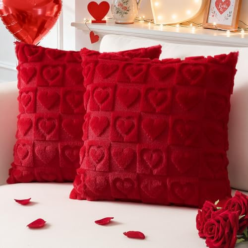 Sungeek 2er Set Herz Kissenbezüge, Sanft Plüsch Kurze Wolle Samt Kissenbezug Dekorative Romantische Liebe Zierkissenbezüge Modern Deko Kissenhülle für Sofa Wohnzimmer Schlafzimmer (40x40 cm, Rot)