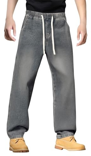 Generiska jeansbyxor för män normal passform: Denim byxor med dragsko jeans raka ben jeans långa tygbyxor andas slip-on byxor lätta fritidsbyxor klassiska utomhus stretchjeans för unisex, blå, 3XL