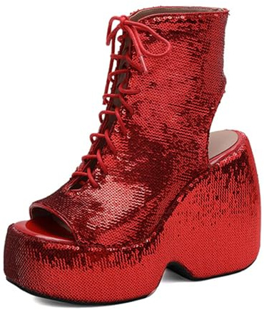 Ankelstövlar med paljetter plattform dam snörning Peep Toe kilklackar 12 cm massiva klackar kvällsfest klubbskor, Röd, 39 EU