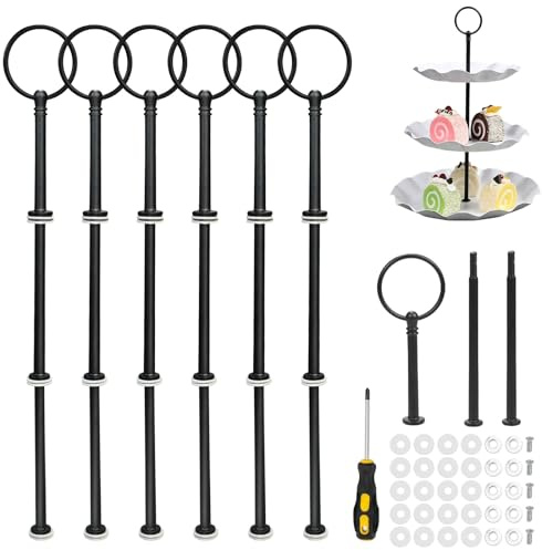 6 Set Etageren Stangen - 3 Stufige Etageren Stangen Set, Vintage Etagen Bausatz und Ein Schraubenzieher, Metallstange Etagerenhalter Mittellochausstech für 2 bis 3 Stufige Tortenständer, Schwarz