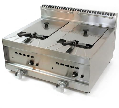MBH Friteuse à gaz professionnelle 20 litres 2 cuves avec robinet de vidange pour hôtellerie friteuse double de table industrielle pour cuisine de restaurant
