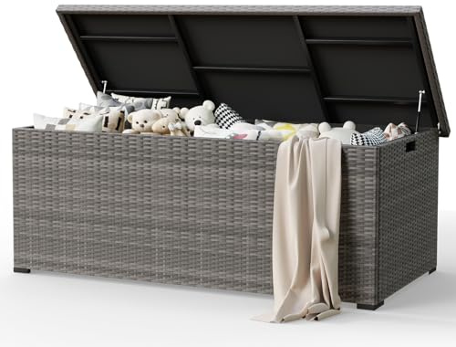 Amopatio 870 Liter Gartenbox Auflagenbox wasserdicht, Kissenbox outdoor aus Polyrattan, Aufbewahrungsbox Metall mit Gasdruckfedern, Gartenkiste wetterfest für Garten, Balkon (Grau)