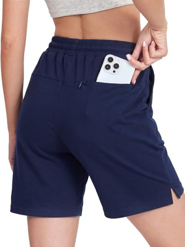 Monbessi Running Shorts Womens with 3 Big Pockets Cotton High Waist Sports Shorts Ladies Gym-Shorts for Casual Lounge Jogging Workout Hiking