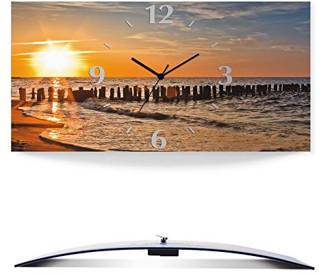 ARTLAND Wanddeko Wanduhr ohne Tickgeräusche Alu Funkuhr 50x25 cm Rechteckig Lautlos Strand Meer Sonnenuntergang Sonne Urlaub Maritim T3ZU