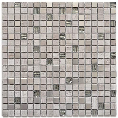 Mosaik Fliese Transluzent Edelstahl grauweiß Glasmosaik Crystal Stein Stahl wood white für WAND BAD WC DUSCHE, Mattengröße: 300x300 = 0,09 qm, Steingröße: 15x15x8 mm - 1 Matte