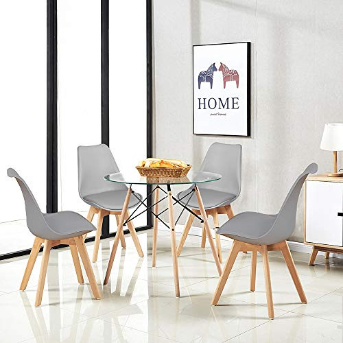 H.J WeDoo Grupo de comedor Mesa de cristal moderna redonda mesa de comedor con 4 tulipán gris silla tapizada adecuada para comedor cocina sala de estar