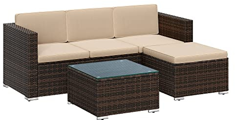 SONGMICS Gartenmöbel-Set, Balkonmöbel aus PE-Polyrattan, Terrassenmöbel, Ecksofa, Outdoor, handgeflochtenes Rattan, Lounge-Set, mit Kissen und Glastisch, braun-Taupe GGF005K03