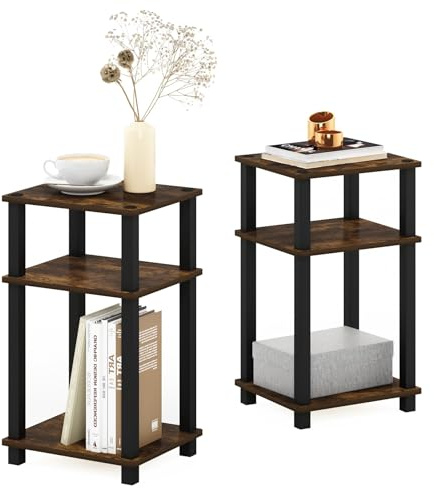 Furinno Solo Turn-N-Tube Mesa Auxiliar de 3 Niveles, Madera, Pino Ámbar/Negro, Paquete de 2