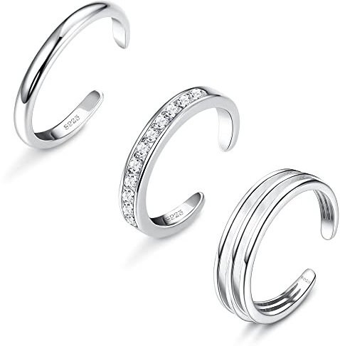 Sllaiss 3st S925 Tåringar Sterling Silver Justerbar Öppen Tå Ringar Set Cubic Zirconia Toe Ringar Vitguld Pläterad Sommar Strand Fot Smycken Stapling Knogar För Kvinnor Set A