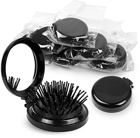 10 Pack Folding Travel Mini Hair Brush with Mirror, Round Hair Brushes Folding Pocket Hair Brush Mini Hair Comb for Women and Girls (Black)