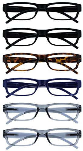 OPULIZE Ace Reading Glasses 6 Pack Classic Everyday Narrow Frame Scratch Resistant Spring Hinges Black Brown Blue Grey Mens Womens RRRRRR32-112377 +2.50