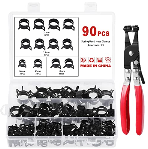 Faankiton 90PCS 5 Sizes 10-21mm Fuel Line Hose Clips Water Pipe Air Tube Silicone Vacuum Hose Clamp Fastener Assortment Kit, Fuel Line Clamps, Spring Hose Clamps with a Hose Clamp Pliers (Black)