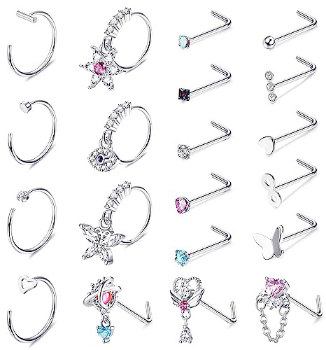 KALVICA 20 Pieces Nasenpiercing Set 20G Edelstahl Nasenpiercing Schwarz Silbrig Golden Mond Roségold Herz Iris Japonica CZ Anhänger Nasenpiercing Stecker für Männer